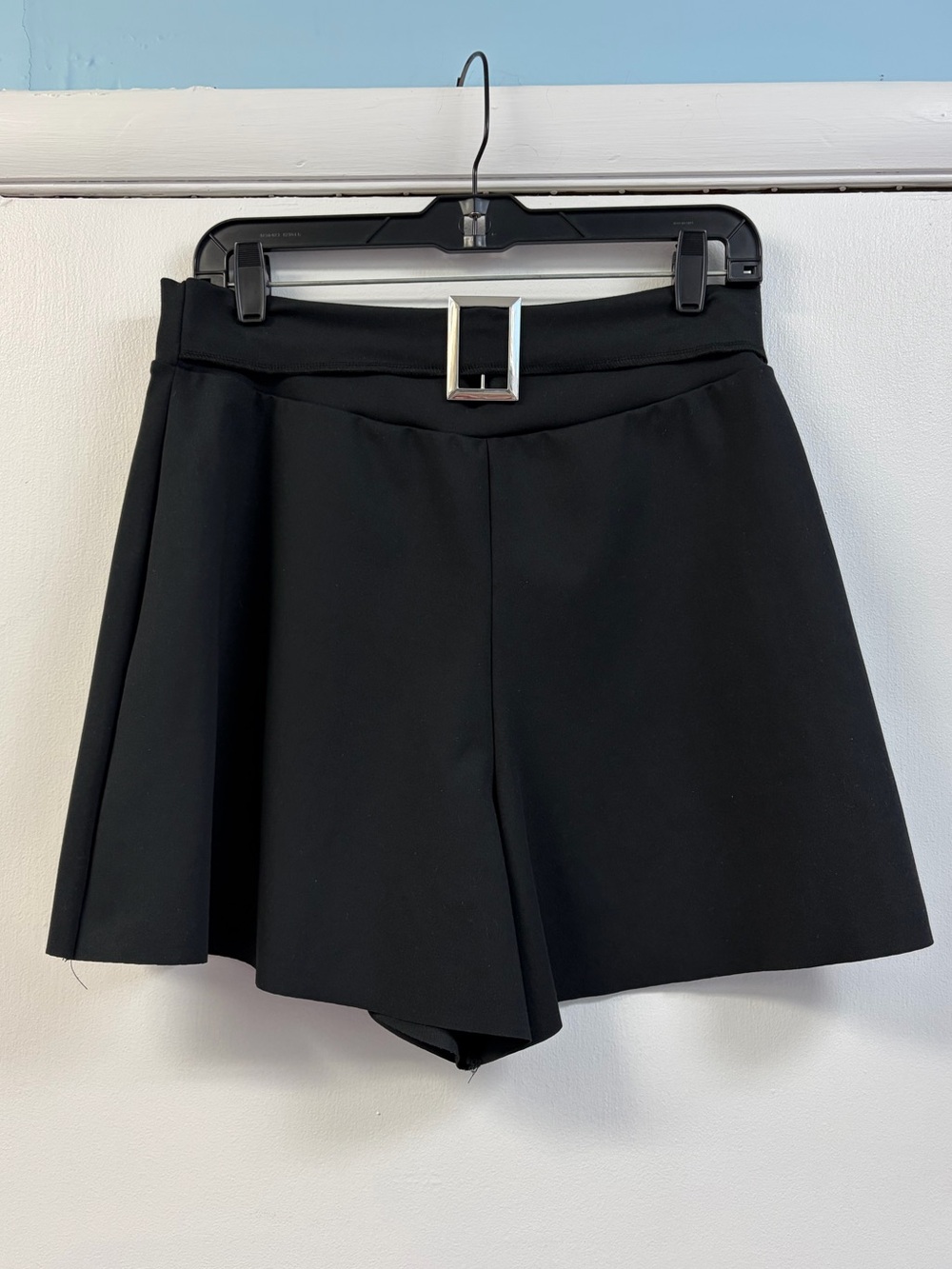 Kelle Black High-Waist Flared Shorts with Silver Buckle